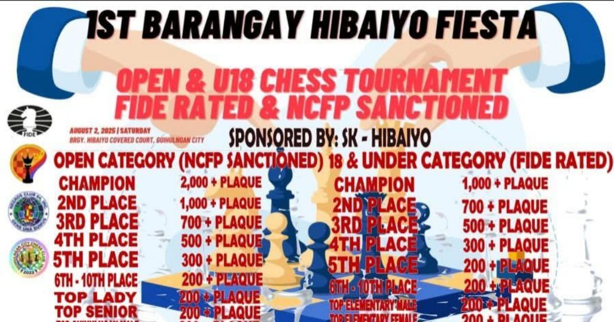 Official poster: 1st Brgy. Hibaiyo Fiesta Open & U18 FIDE Rated Chess Tournament