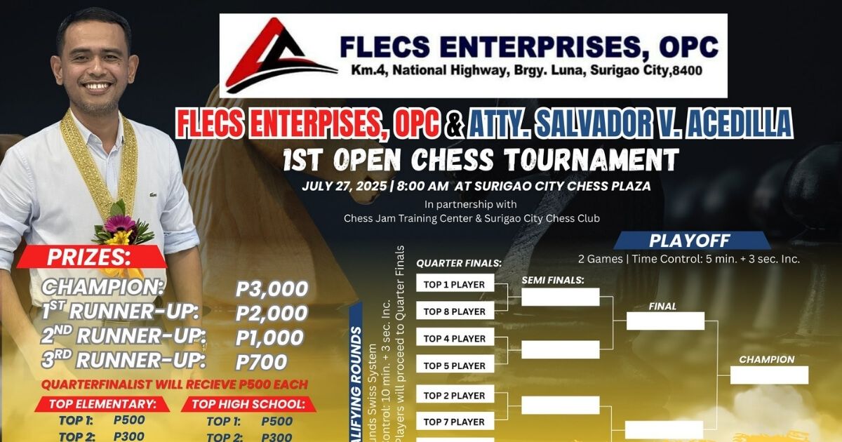 Official poster: 1st FLECS Enterprises & Atty. Salvador V. Acedilla Open Chess Tournament