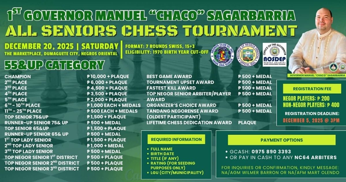 Official poster: 1st Governor Manuel "Chaco" Sagarbarria All Seniors Chess Tournament