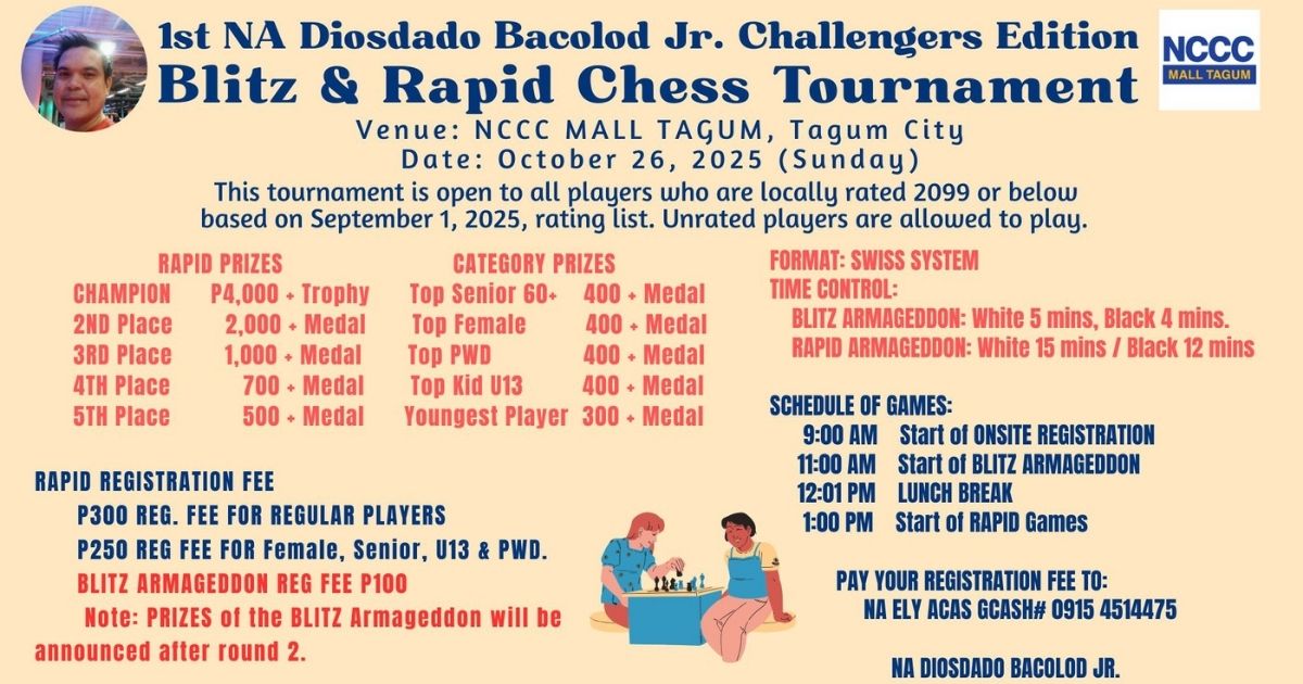 Official poster: 1st NA Diosdado Bacolod Jr. Challengers Edition Blitz And Rapid Chess Tournament