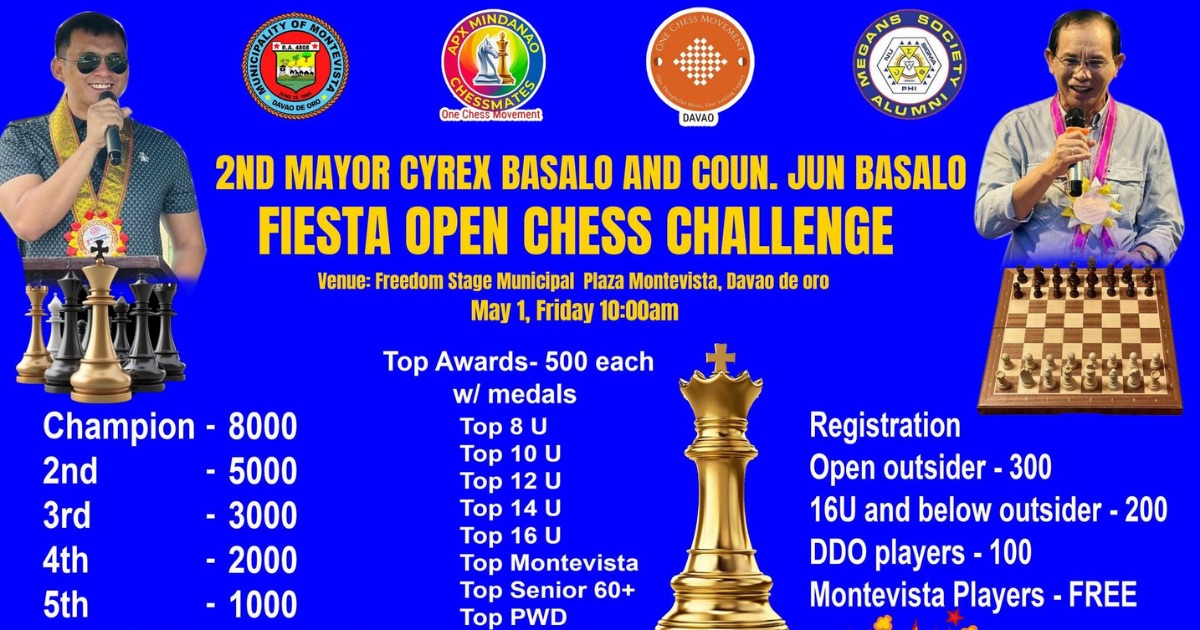 Official poster: 2nd Mayor Cyrex Basalo & Coun. Jun Basalo Fiesta Open Chess Challenge