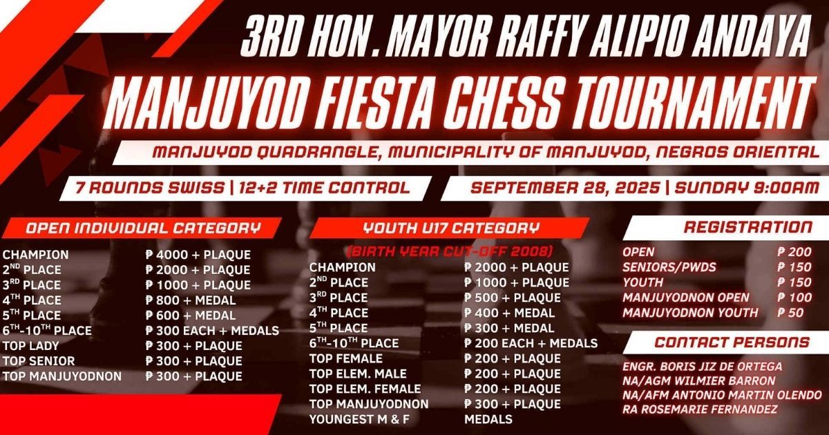 Official poster: 3rd Hon. Mayor Raffy Alipio Andaya Manjuyod Fiesta Chess Tournament