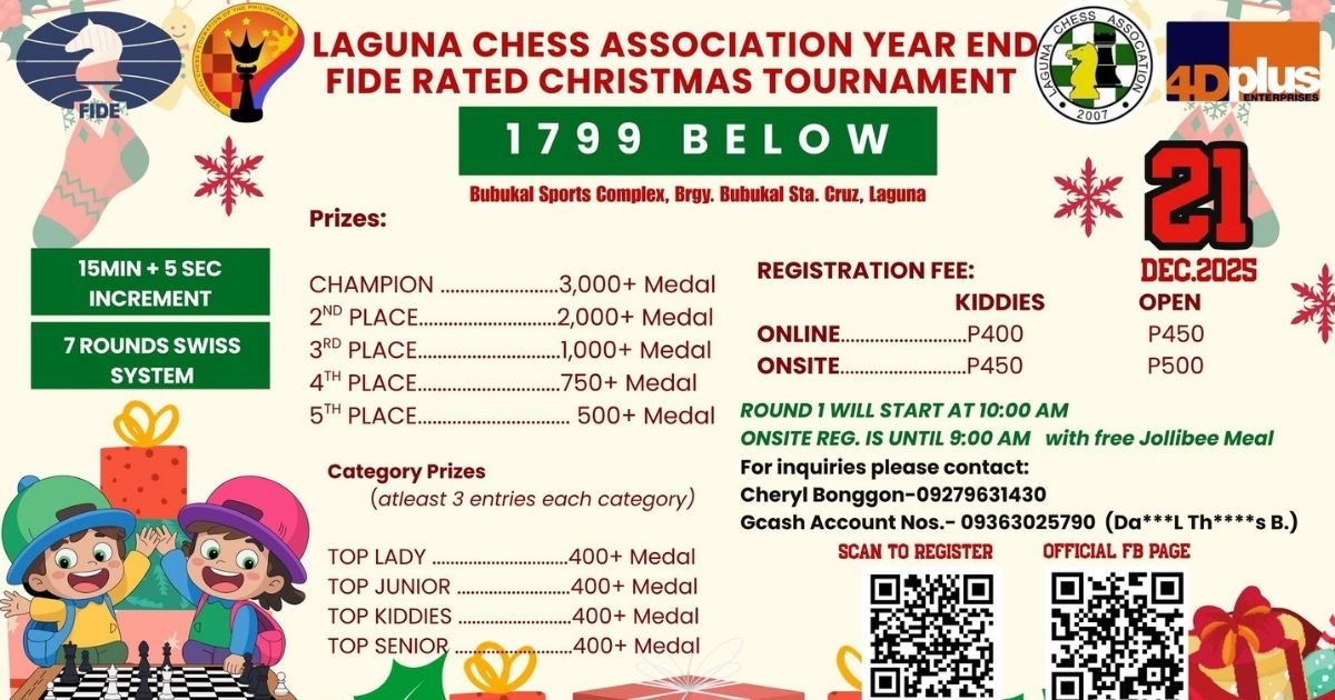 Official poster: Laguna Chess Association Year End FIDE Rated Christmas Tournament
