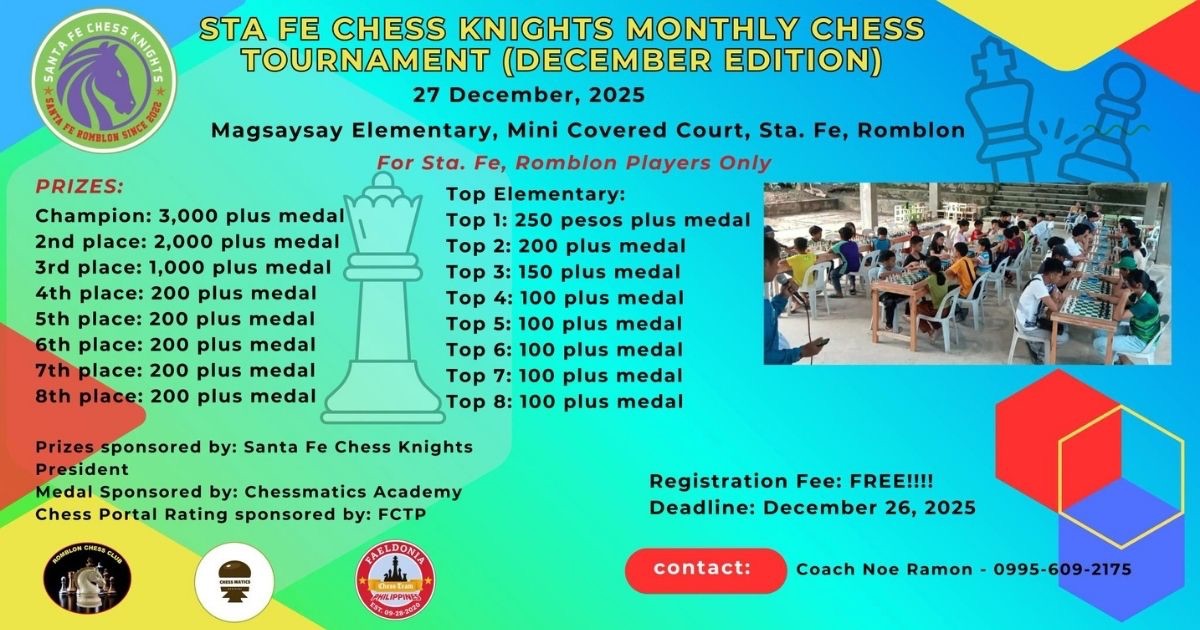 Official poster: Sta Fe Chess Knights Monthly Chess Tournament (December Edition)
