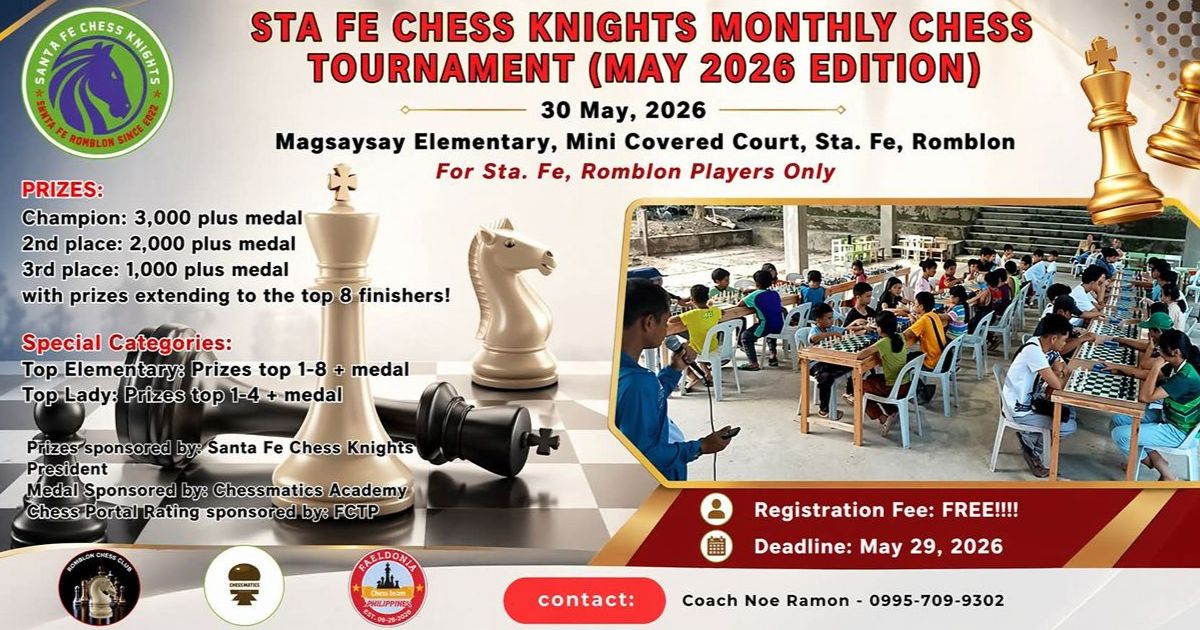 Official poster: Sta Fe Chess Knights Monthly Chess Tournament (May 2026 Edition)